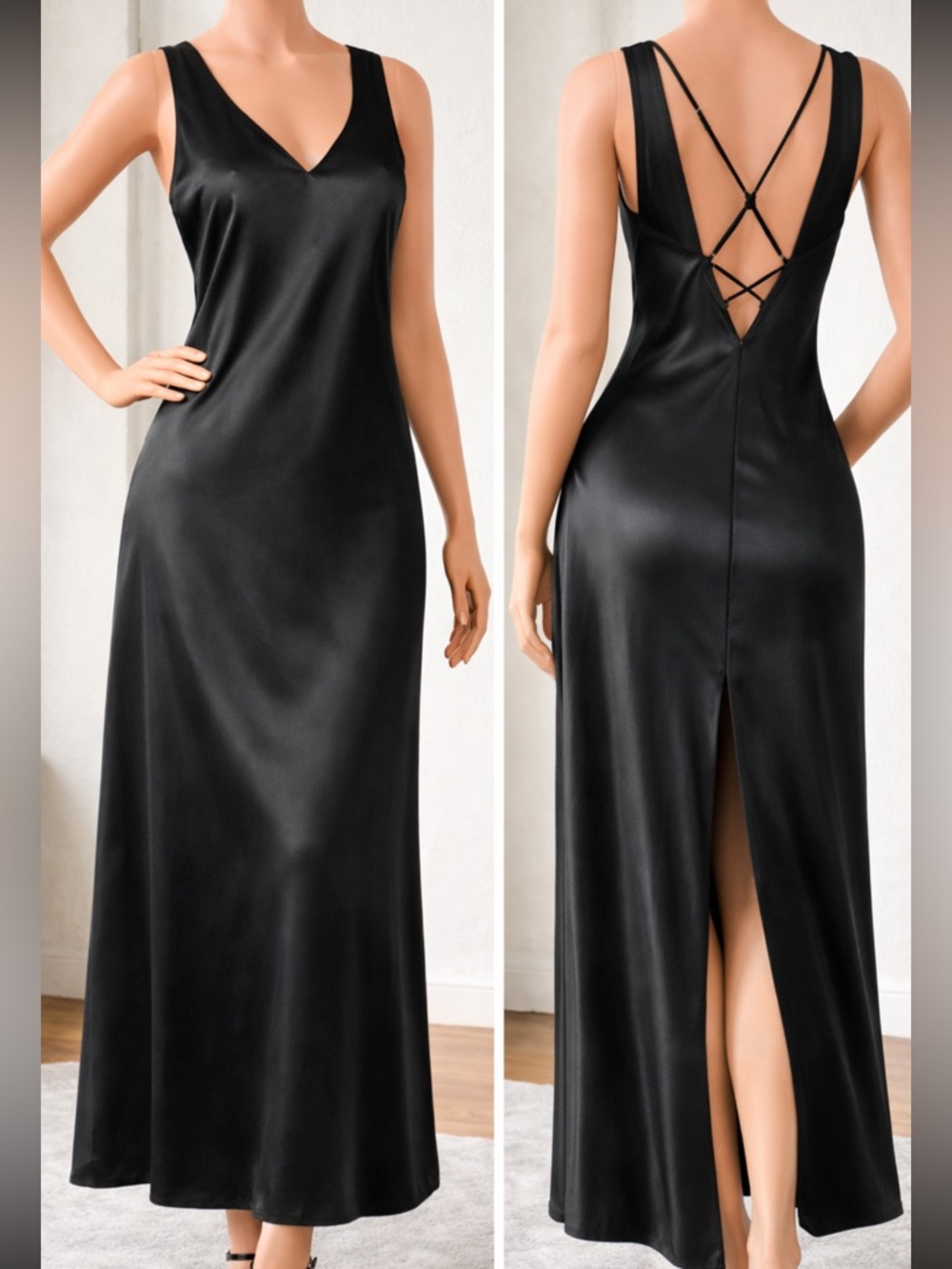 Alexander Wang Black Satin Slip Dress M Backless Strappy V Neck Maxi